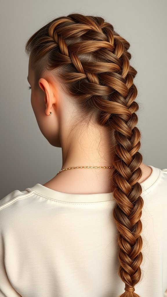 A close-up view of medium knotless braids transitioning into a fishtail braid.