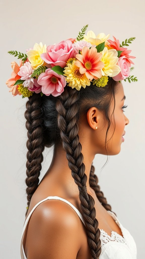 A woman with medium knotless braids adorned with a colorful floral crown.