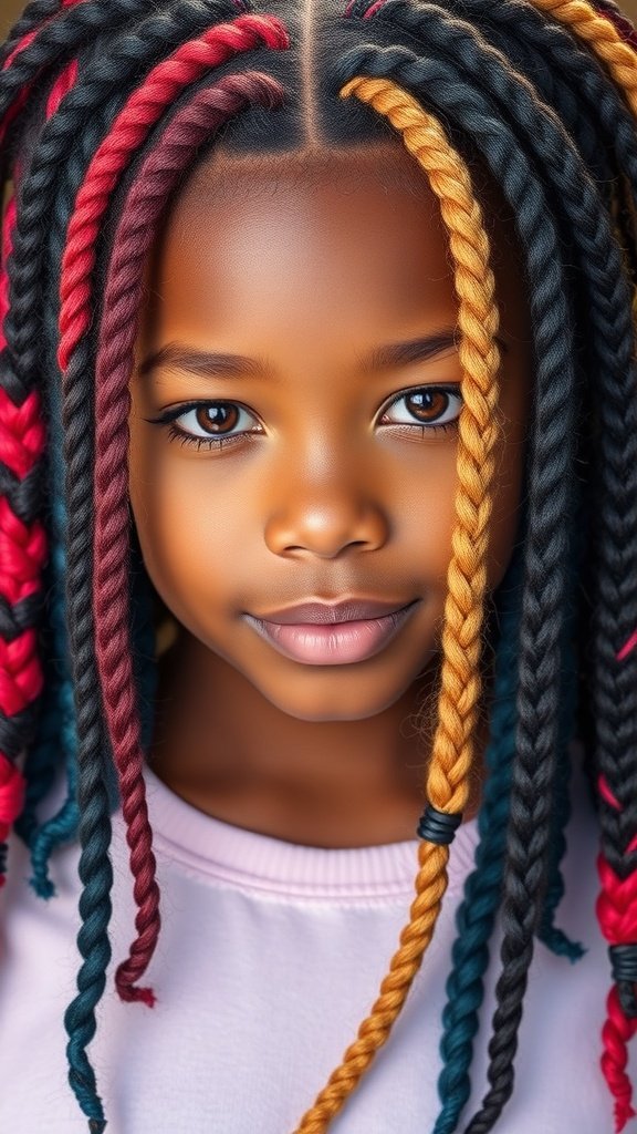A young girl with medium knotless braids featuring a mix of red, gold, and teal colors.
