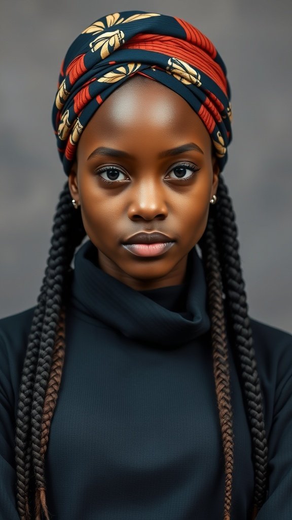 A model with medium knotless braids and a colorful head wrap