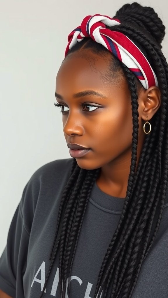 A woman with medium knotless braids styled with a colorful headband.
