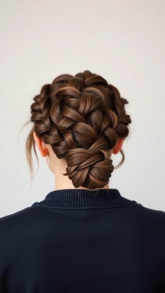 A woman with medium knotless braids styled in a low bun, showcasing a neat and elegant hairstyle.