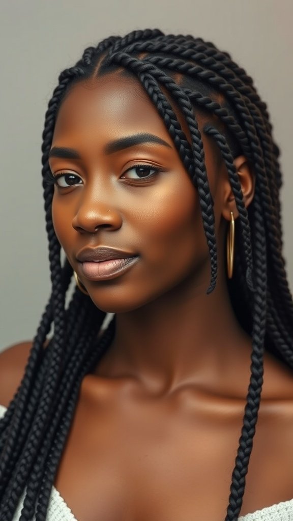 A close-up of a person with medium knotless braids, showcasing a natural finish and a confident expression.