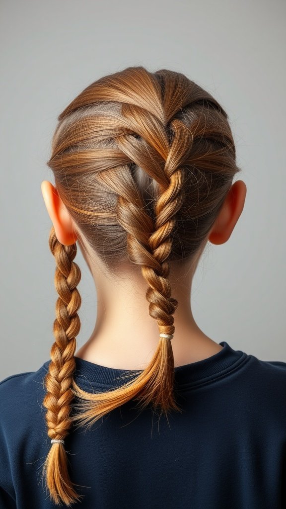 Back view of a person with medium knotless braids styled in two playful twists.