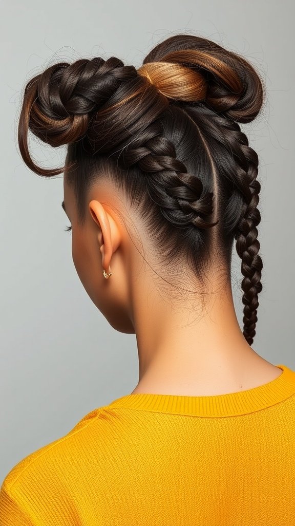 A woman with medium knotless braids styled into a ponytail, showcasing a blend of colors and a cheerful yellow sweater.