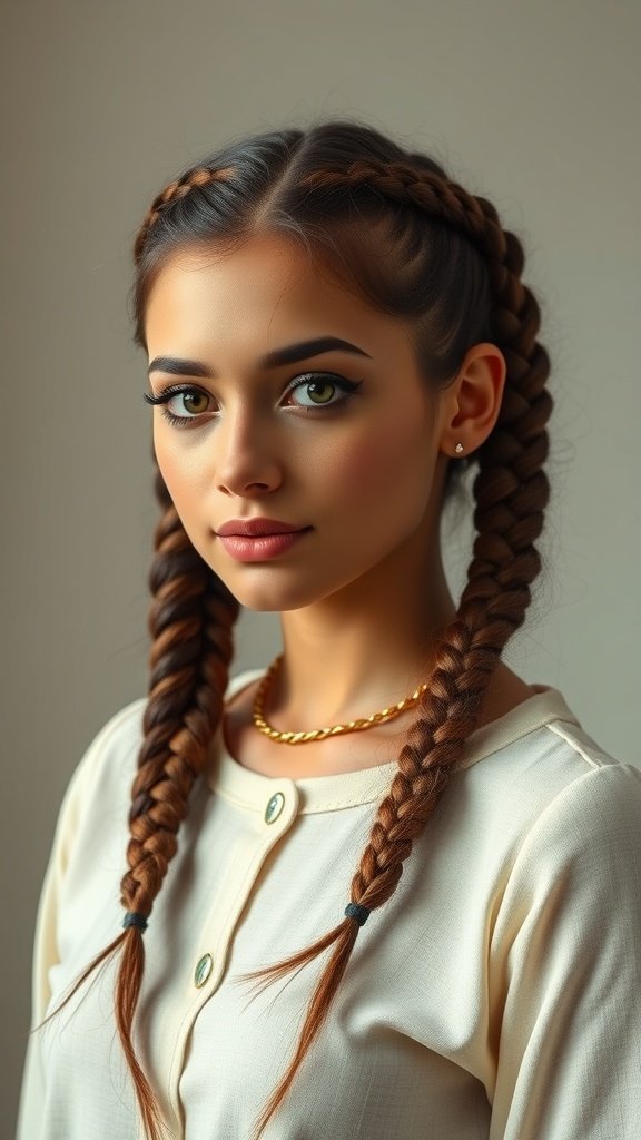 A woman with medium knotless braids styled with a retro twist, wearing a simple top and a gold chain necklace.