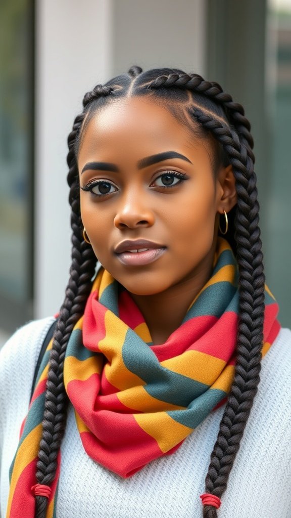 A woman with medium knotless braids wearing a colorful scarf.