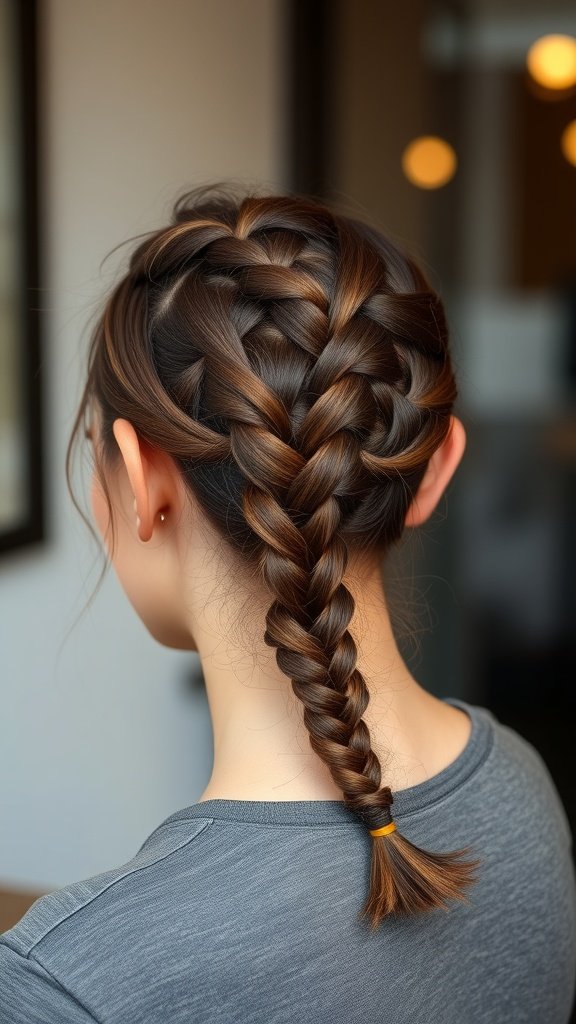 A woman with medium knotless braids styled into a side bun.