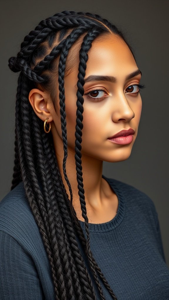 A woman with medium knotless braids styled in a side sweep, showcasing a polished and elegant look.