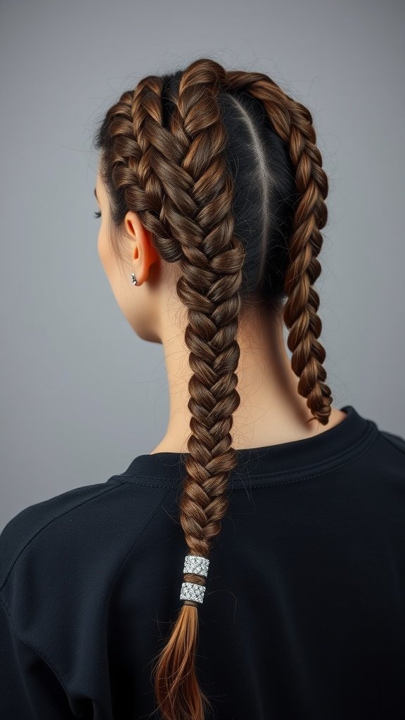A woman with medium knotless braids styled with a decorative band at the ends.