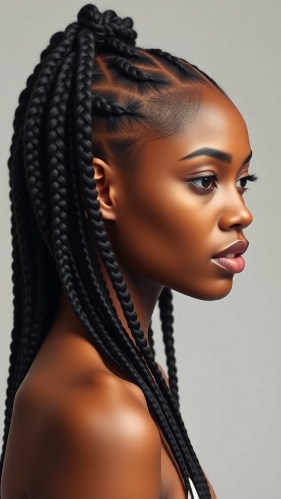 A profile view of a person with medium knotless braids styled neatly.