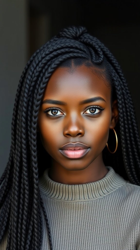 A close-up of a person with medium knotless braids, showcasing a sleek finish and volume.