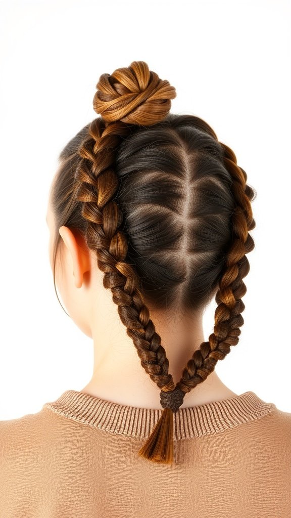 A woman with medium knotless braids styled into a top knot.