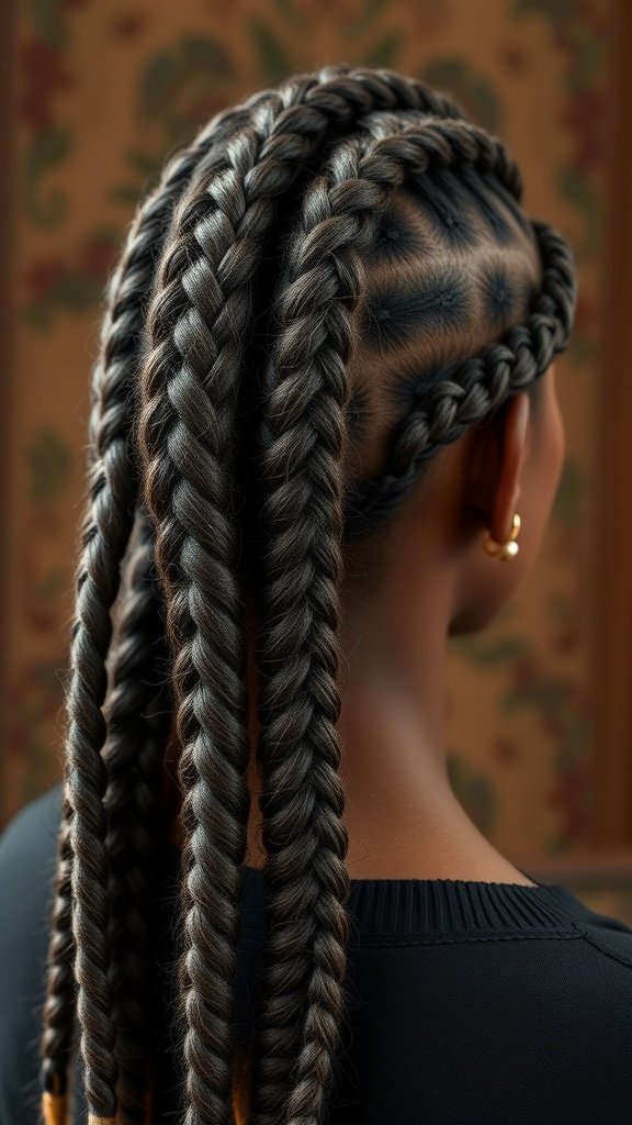 A close-up view of medium knotless braids styled with a twist, showcasing intricate patterns and a neat finish.