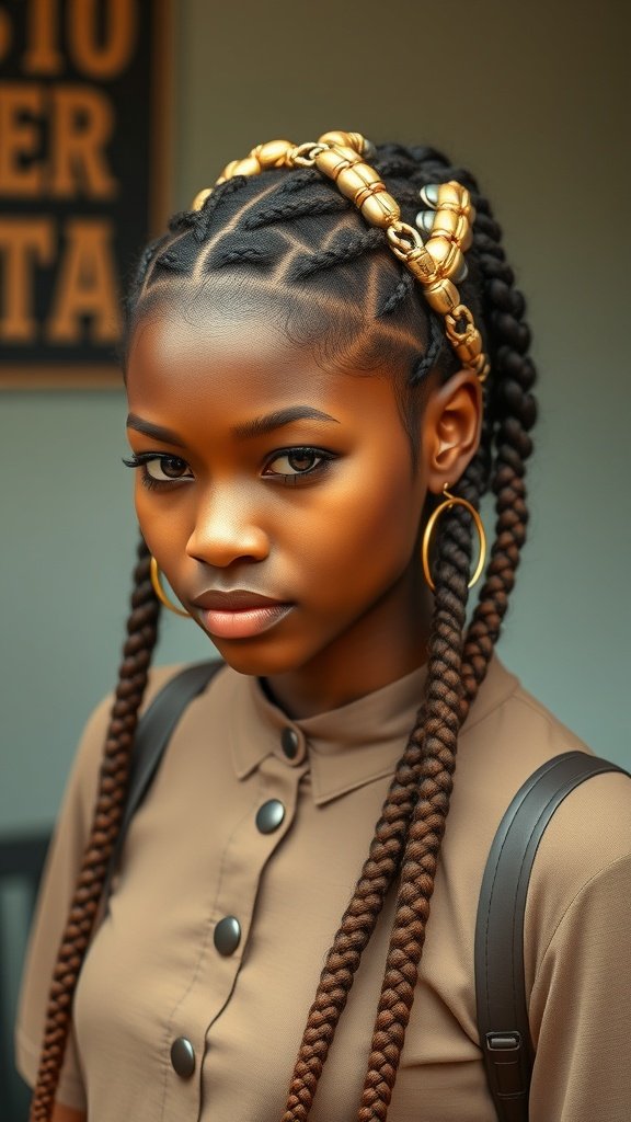 A young woman with medium knotless braids styled with a golden accessory, showcasing a vintage flair.