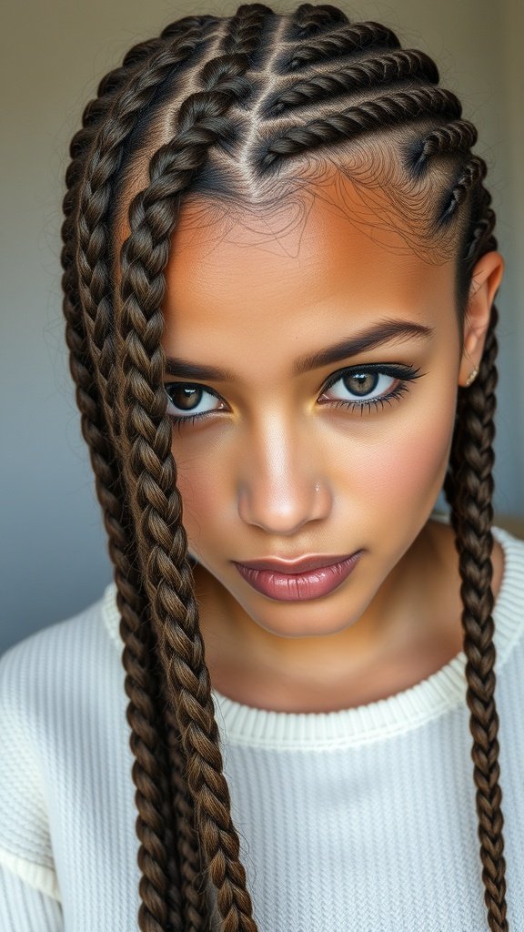 A close-up of a person with medium knotless braids styled in a zigzag part, showcasing a unique and stylish look.