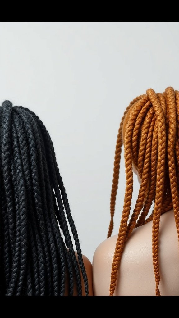 Two sets of medium knotless braids in black and orange colors.