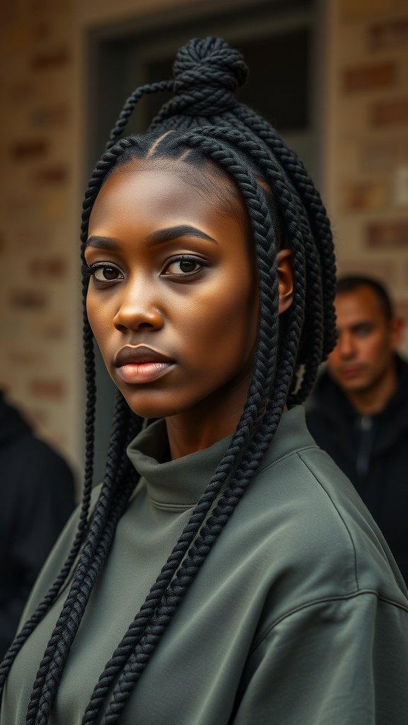 A close-up of a model with medium knotless braids styled in an edgy way, wearing a green hoodie.