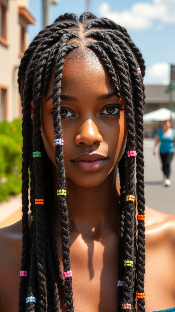 A close-up of a person with medium knotless braids adorned with colorful beads, showcasing a stylish hairstyle.