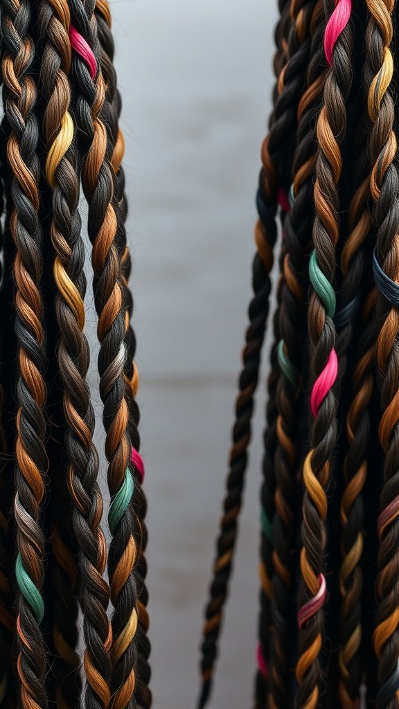 Close-up of medium knotless braids featuring various color highlights.