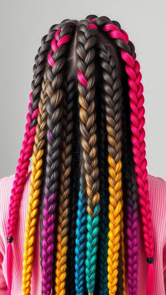 A person with medium knotless braids featuring colorful extensions in pink, teal, and yellow.