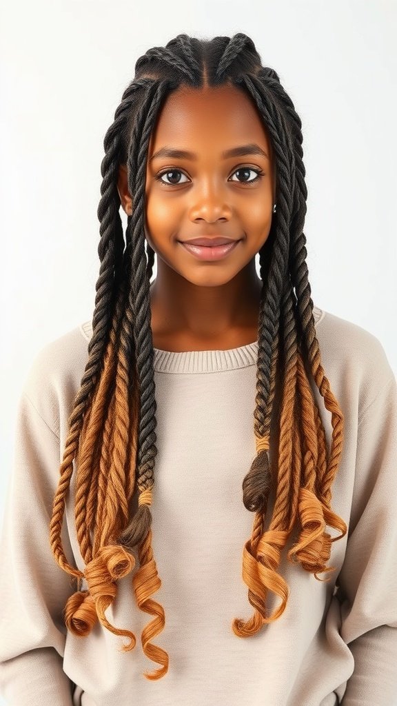 A girl with medium knotless braids that transition into curls at the ends, showcasing a stylish hairstyle.