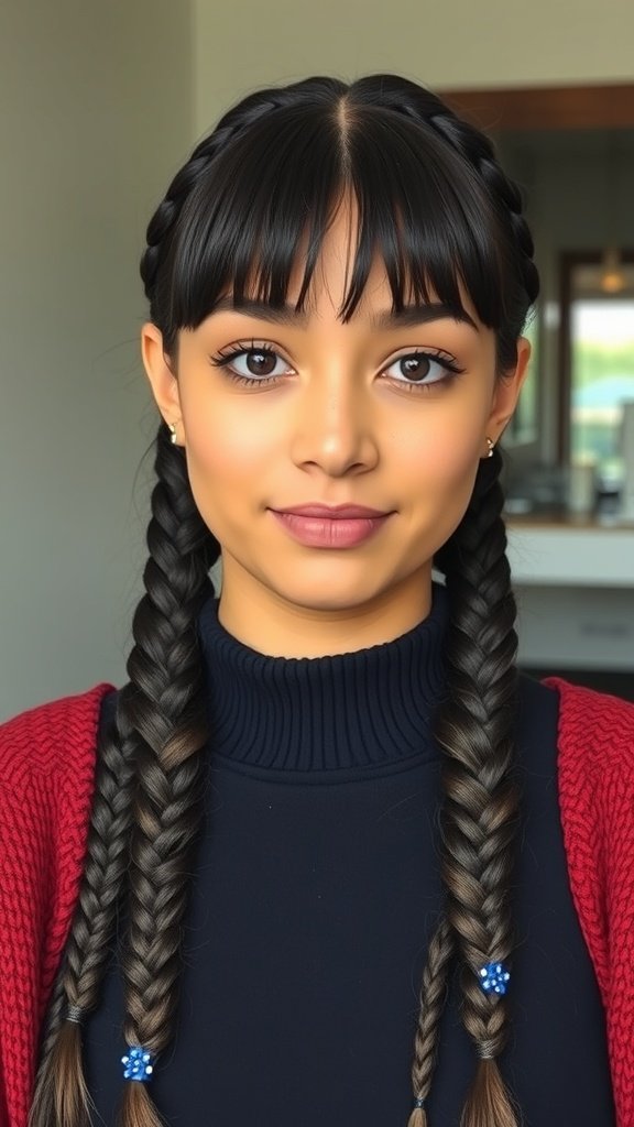 A young woman with medium knotless braids and fringe, showcasing a stylish and polished look.