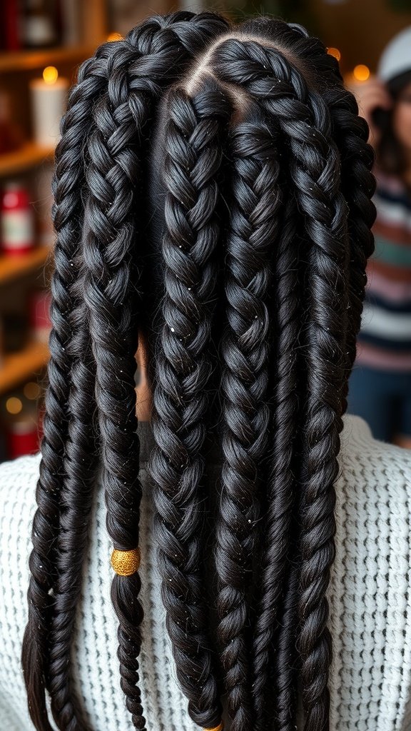 A close-up view of medium knotless braids styled with glitter accents.