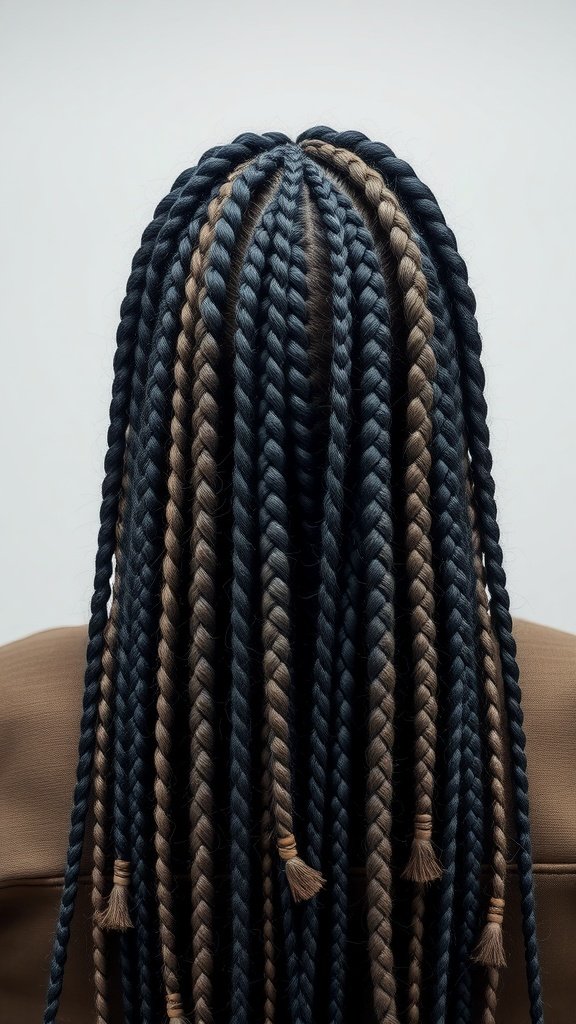 Medium knotless braids with an ombre effect, showcasing a blend of dark and light colors.