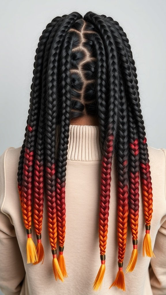 A woman with medium knotless braids featuring ombre ends transitioning from black to red and orange.