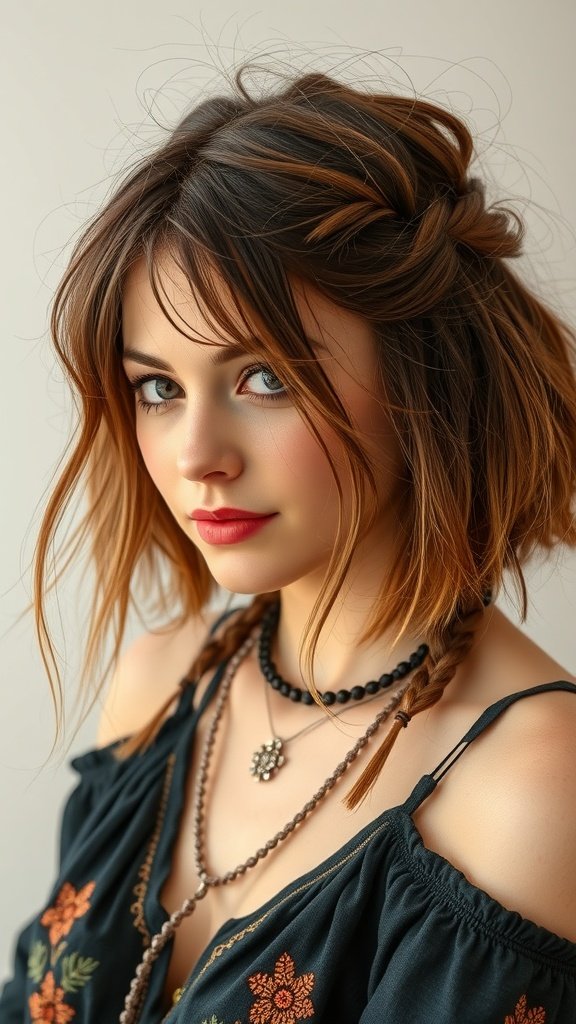 A woman with messy boho knotless braids in a bob hairstyle, wearing a floral top and layered necklaces.