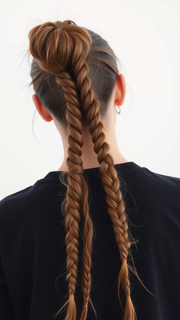 A woman with a messy bun and two long knotless braids.