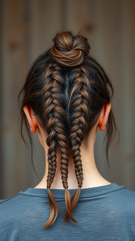 A woman with a messy bun and knotless braids styled elegantly.