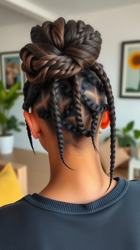 A woman with medium knotless box braids styled in a messy bun, showcasing a relaxed and playful hairstyle.
