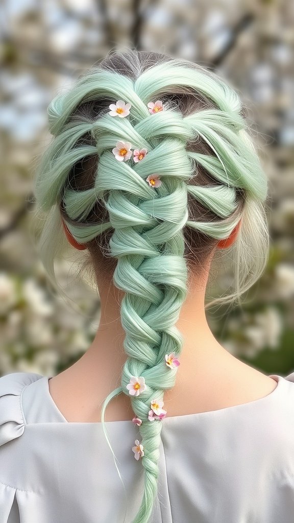 Mint green and lavender knotless braids with flowers