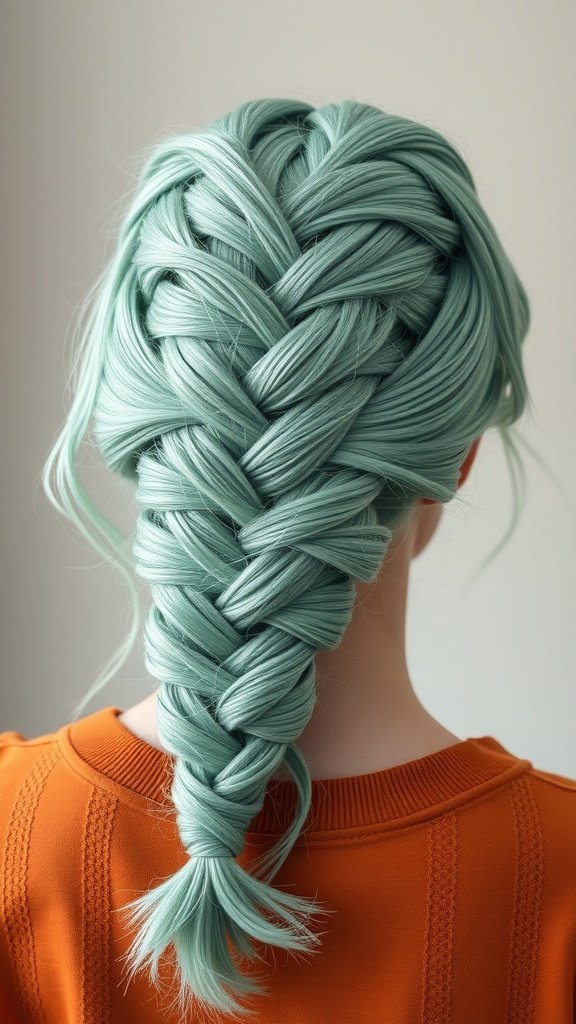 A person with mint green knotless braids styled in a neat braid.