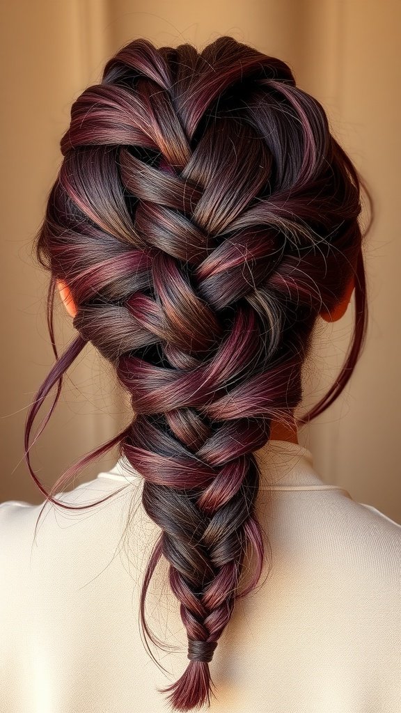 A close-up view of mulberry knotless braids showcasing rich colors and a sleek style.