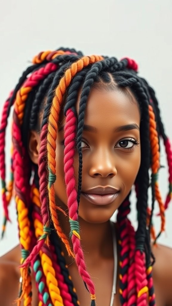 A person with multi-colored large knotless box braids featuring red, orange, and black colors.
