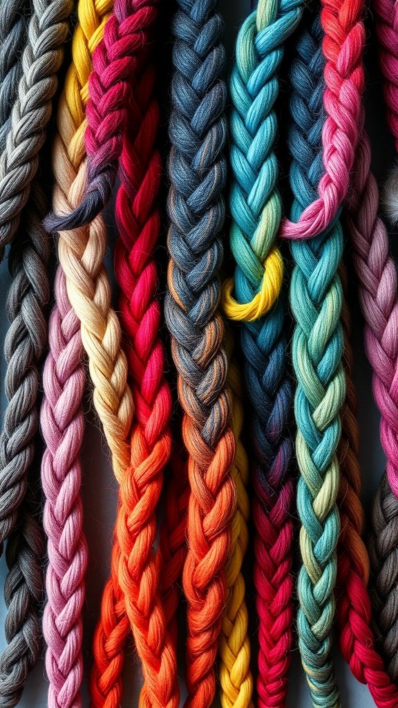 A collection of multicolored chunky knotless braids in various shades.