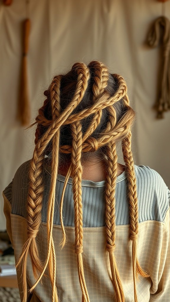 A person with knotless braids in muted earth tones, showcasing a blend of blonde and light brown colors.