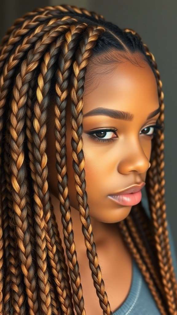 Close-up of a person with knotless braids featuring subtle highlights, showcasing a stylish and natural look.