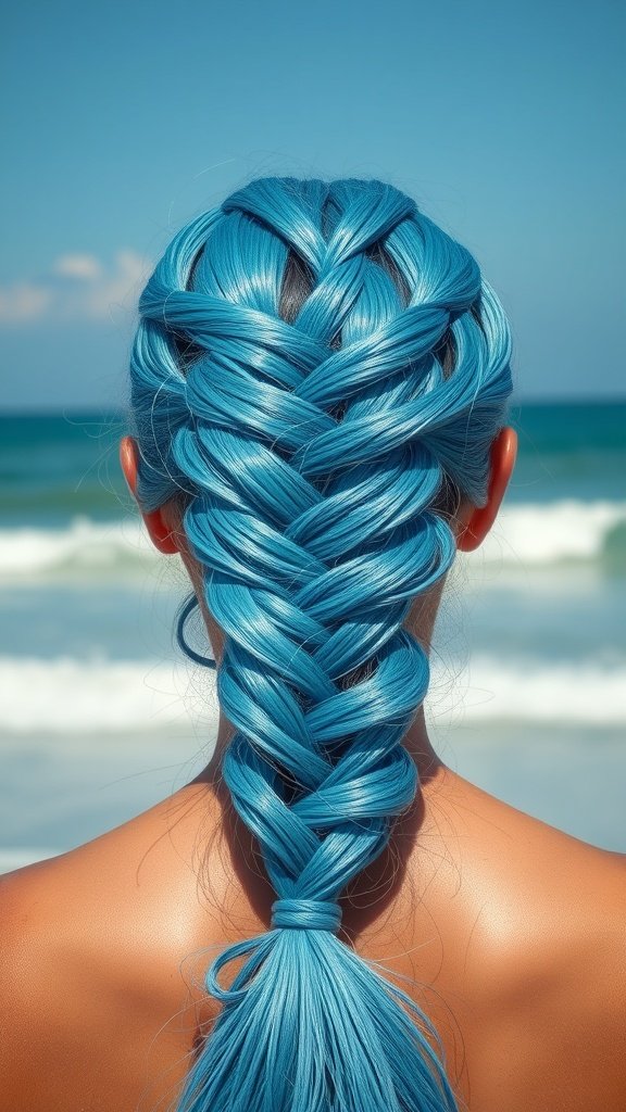 A person with ocean blue knotless braids, standing by the beach with waves in the background.