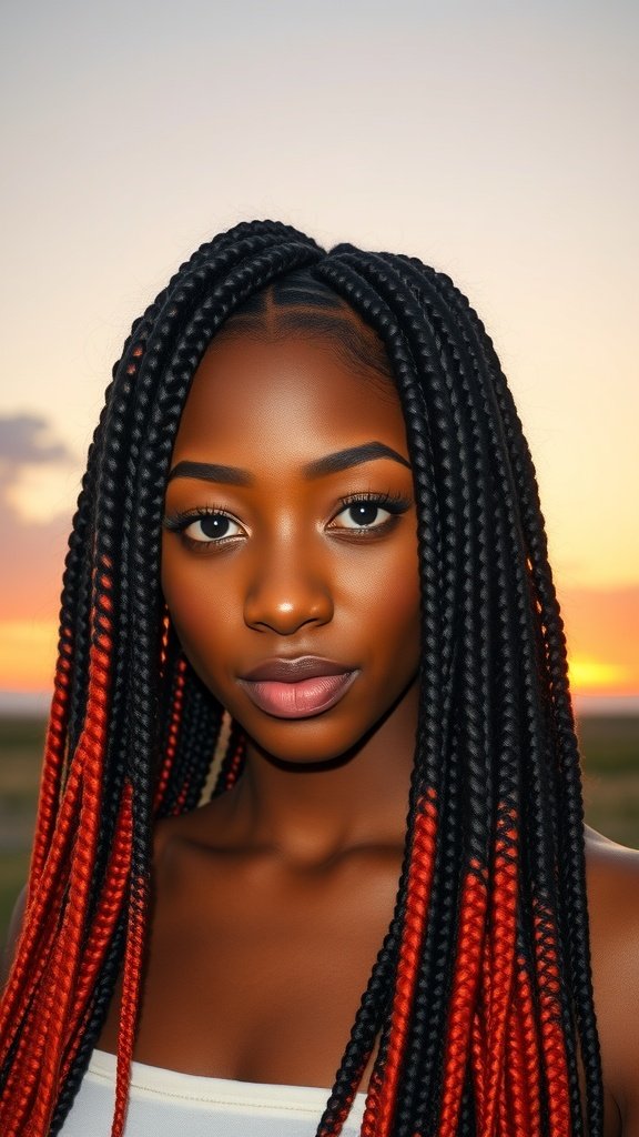 A close-up of a person with jumbo knotless box braids styled in an ombre effect, featuring black and red colors against a sunset background.