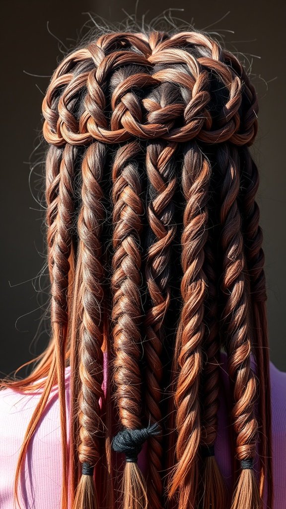 A close-up view of a woman's hair styled in ombre knotless braids, showcasing a blend of dark and light colors.