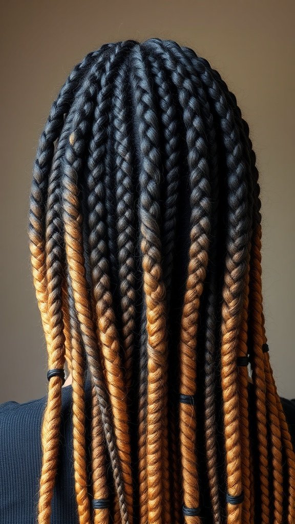 Ombre large knotless box braids transitioning from dark to light colors