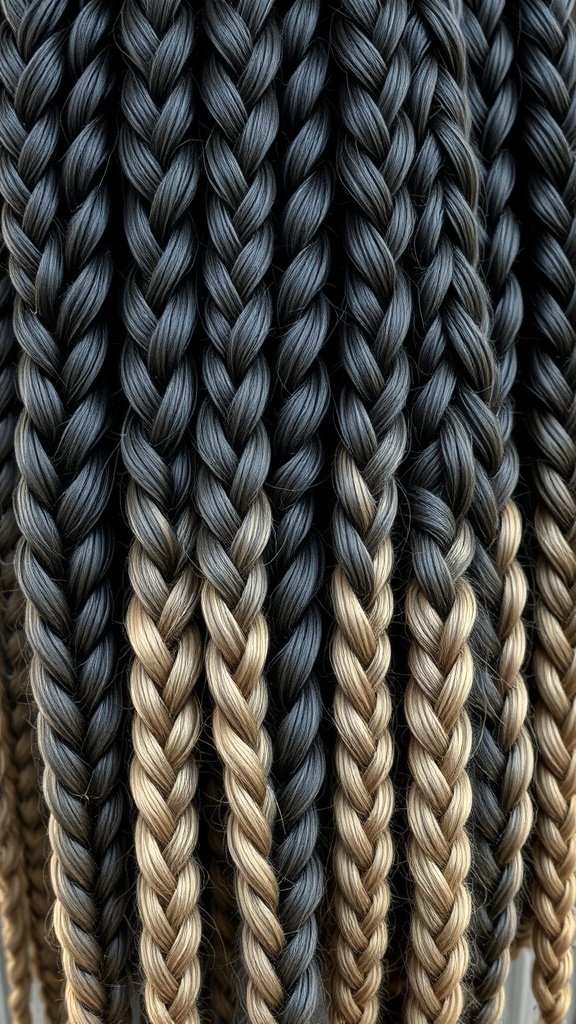 Close-up of ombre large knotless braids transitioning from dark to light colors