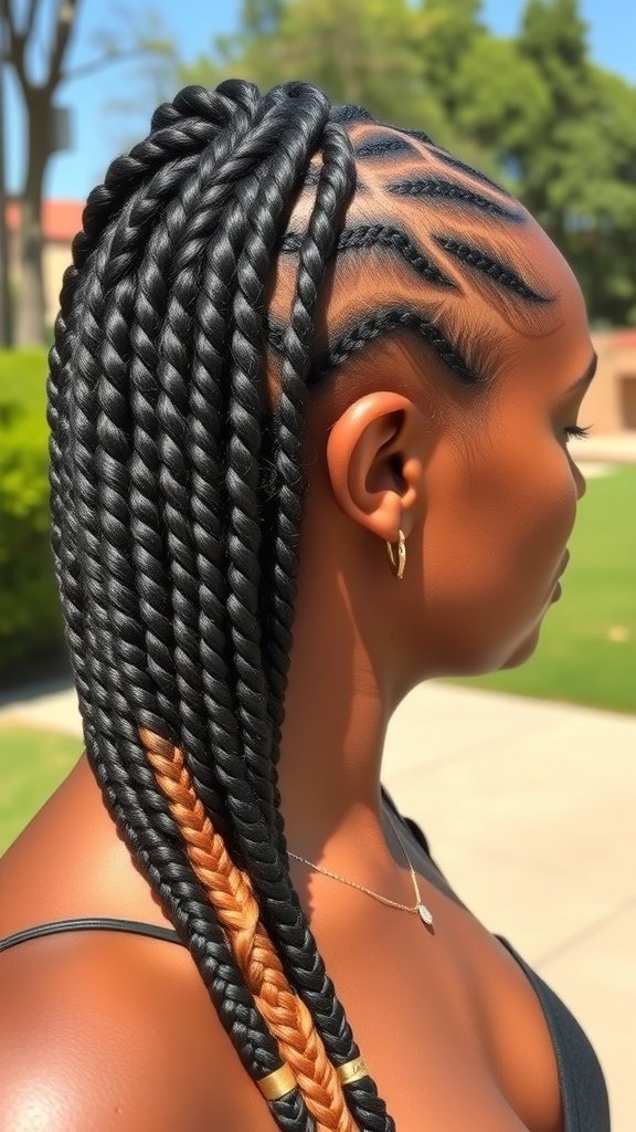 A woman with medium knotless box braids in an ombre style, featuring dark roots transitioning to a caramel color.