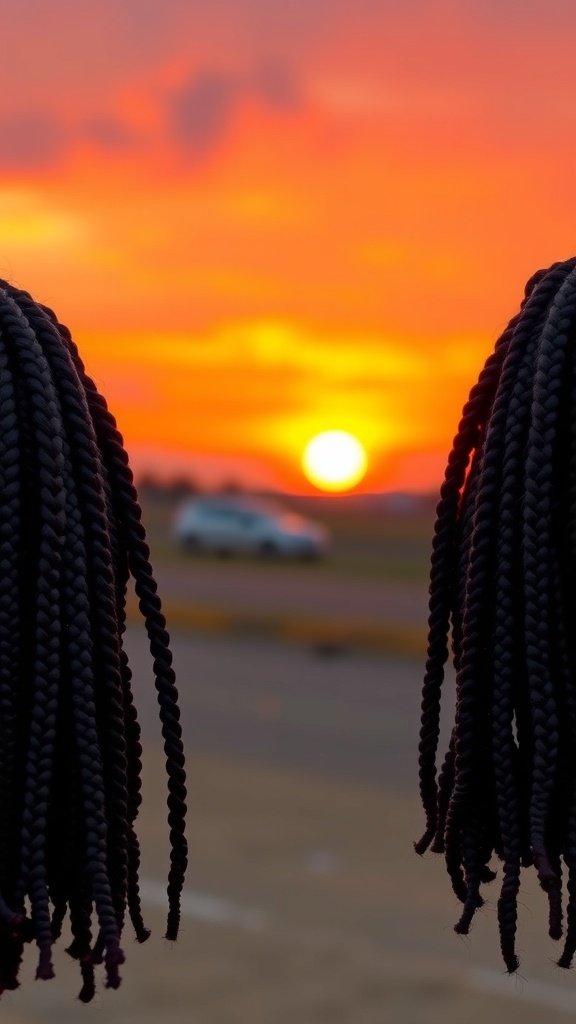 Ombre medium knotless box braids with a sunset background