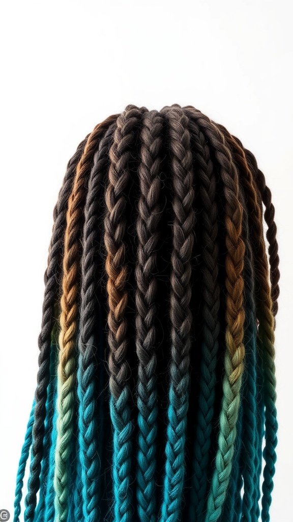 A close-up view of medium knotless braids in an ombre style, featuring dark roots transitioning to teal ends.