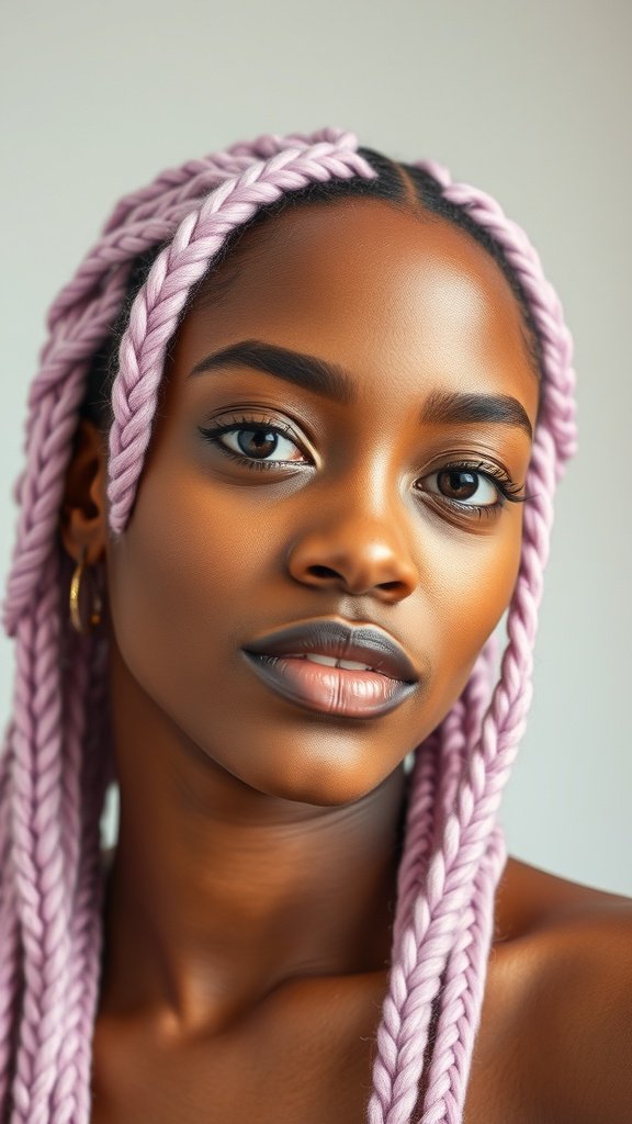 A close-up of a model with pastel colored knotless box braids, showcasing a soft lavender hue.
